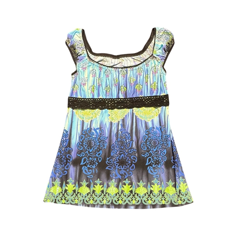 Vintage Y2K Babydoll Top Women Medium Blue Paisley Floral Empire Waist Lace Trim